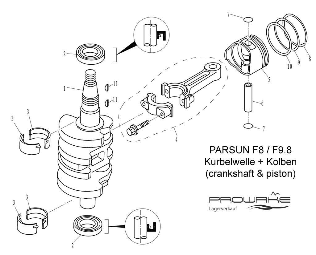 Parsun F9.8  Ersatzteile / Spare Parts: Kurbelwelle+Kolben