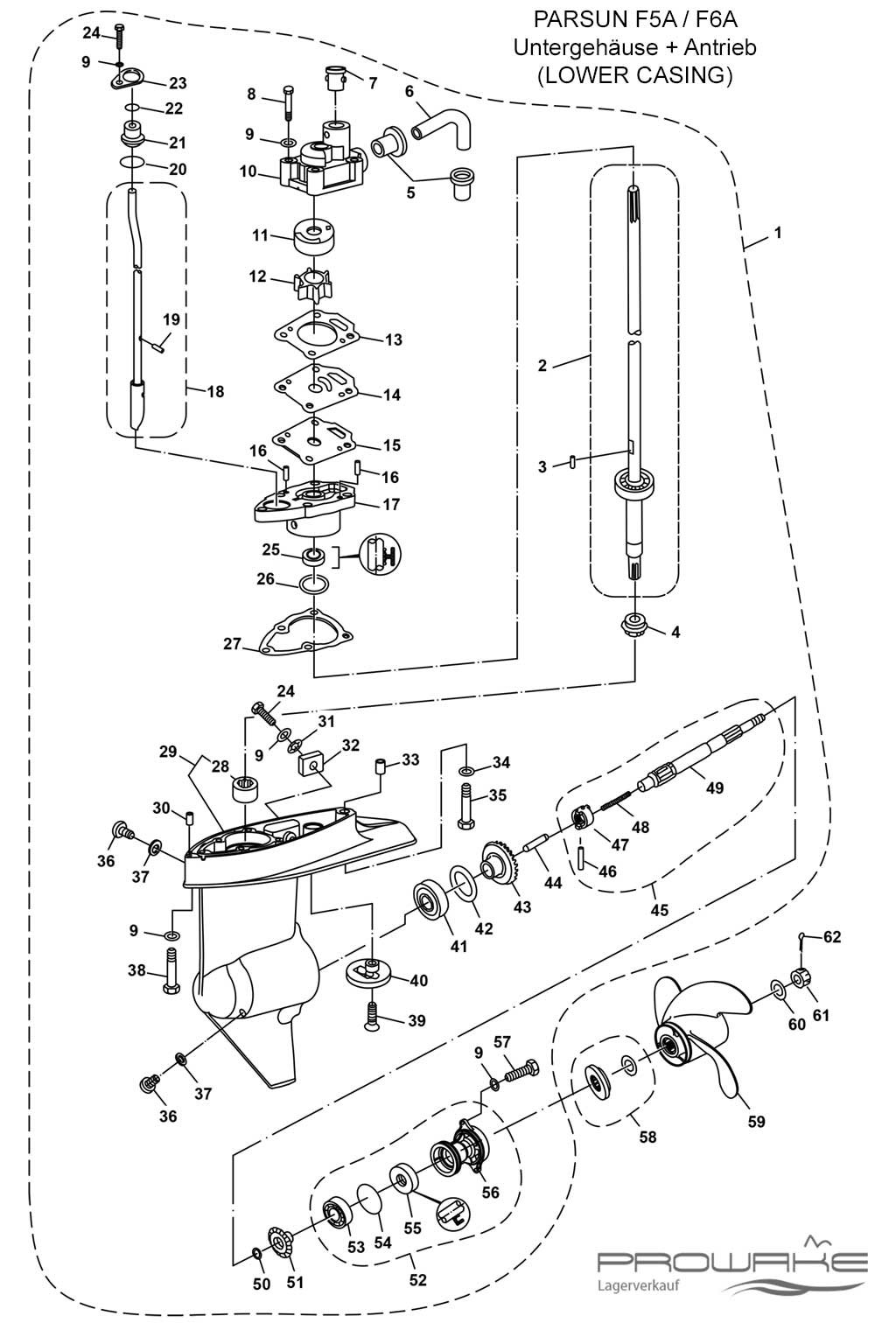 Parsun F6A  Ersatzteile / Spare Parts: Unteres Gehäuse + Antrieb