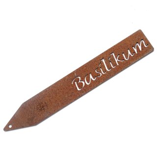 Beet-Steckschild Edelrost, Beschriftung "Basilikum", Metall-Spieß 20x3 cm, Stärke 1 mm Stahl, Pflanzenstecker  rostig