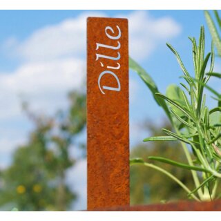 Beet-Steckschild Edelrost, Beschriftung "Dille", Metall-Spieß 20x3 cm, Stärke 1 mm Stahl, Pflanzenstecker rostig