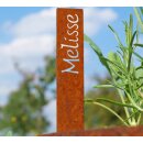 Beet-Steckschild Edelrost, Beschriftung "Melisse", Metall-Spieß 20x3 cm, Stärke 1 mm Stahl, Pflanzenstecker rostig