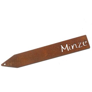Beet-Steckschild Edelrost, Beschriftung "Minze", Metall-Spieß 20x3 cm, Stärke 1 mm Stahl, Pflanzenstecker rostig