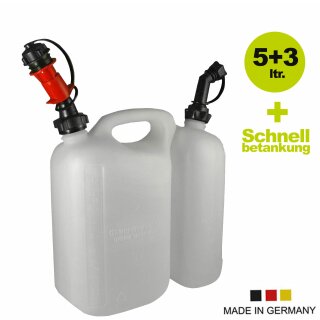 YERD Sonderposten Schnelltanker: Original Hünersdorff Doppel-Kanister / Kombi-Kanister 5+3 Liter + 1 autom. Füllsystem für Benzin,  Made in Germany
