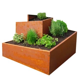 Bausatz Kräuterschnecke Kräuter Pyramide modern: skulpturale Kräuterspirale eckig,  Metall Edelrost - 78x78cm Höhe 60cm,  Kräuterhochbeet Metall  normaler Stahl rostig, made in EU