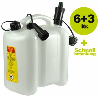 YERD Sonderposten Schnelltanker: Tecomec Doppel-Kanister / Kombi-Kanister transparent-weiß  6+3 Liter + 1 autom. Tecomec Füllsystem für Benzin