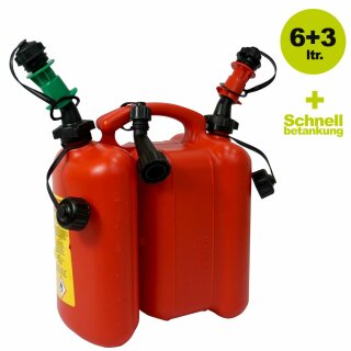 Details:   YERD Sonderposten Schnelltanker  Tecomec Doppel-Kanister / Kombi-Kanister 6+3 Liter rot + 1 autom. Füllsystem für Benzin / Kombikanister, Doppelkanister, Einfüllsystem 
