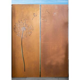 2er Set: Rostiges Sichtschutz-Element "Pusteblume inkl. Erweiterung", Höhe 158cm , 2 x 60cm,  zum stecken oder fest verschrauben