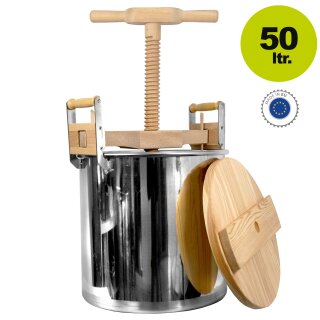 v2025: altbewährtes original Zottel 50 Liter Surfass mit Spindel (Pökelfass / Fleisch-Fass / Sauerkraut-Fass),  aus Edelstahl  hochglanzpoliert, mit  Press-Spindel aus Natur- Holz (Lärche),  400 x 400 mm, Made in EU (Versand kostenfrei*)
