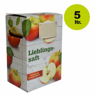Details:   Bag-in-Box Karton, Motiv "Lieblings-Saft" 5 Liter, Apfelsaft Bag-in-Box Karton ohne Beutel / Bag in Box, Karton, Lieblings-Saft, 5 Liter 