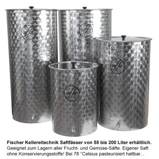 Details:   Edelstahl Saftfass:  200  Liter mit Schwimmdeckel,  original Fischer Saft-Fass, made in Europe / Saftfass, Edelstahlfass, Edelstahlfässer, Edelstahlbehälter,Süssmost, Saftfässer 