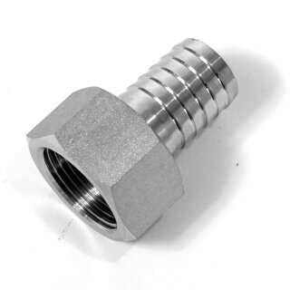 Schlauchtülle mit Überwurfmutter aus Edelstahl: Schlauchtülle 1 Zoll flachdichtend (ohne Gummidichtung), Edelstahl, gedrehte Ausführung, Schlauch-Anschluss  Tülle 25 mm, V4A