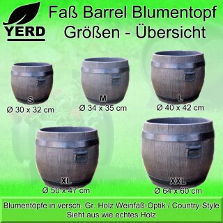 Details:   Blumentopf Blumenkübel: Fass Barrel Gr. XXXL (70cm x 68cm) / by YERD Barrik Countrystyle Weinfass Holz Optik / Blumentopf, Blumenkübel,   Gartentopf 