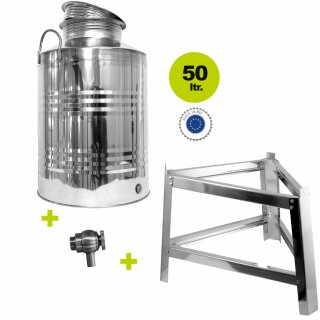 Edelstahlkanne 50 Liter gebördelt mit Fußgestell Edelstahl Schraubhahn 1/2"