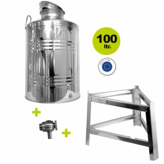 Edelstahlkanne 100 Liter gebördelt mit Fußgestell Edelstahl Schraubhahn 1/2"