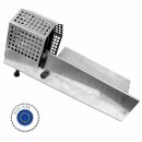 Kapselschrumpfgerät liegend aus Edelstahl, höhenverstellbar zum Zentrieren verschiedener Flaschen-Durchmesser, made in EU