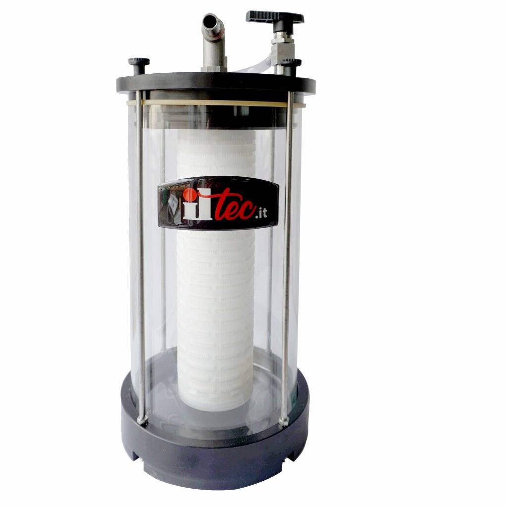 Filtergehäuse zum vorschalten an Vakuum-Abfüllgeräte bzw. Ultrafiller, filtern und abfüllen in einem Arbeitsgang, für 1 Patrone, Filtergehäuse aus Borosilikat-Glas - LIEFERUNG  OHNE FILTER-KERZE 
