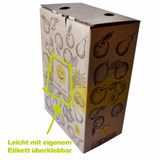 Details:   Bag in Box natur-braun, 5 Liter, Auslauf unten Mitte, Kartonmotiv "Happy Juice", leicht beklebbar mit eigenem Label, Karton ohne Beutel / Bag-In-Box Karton 5 Liter, natur braun 