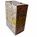 Bag in Box natur-braun, 5 Liter, Auslauf unten Mitte, Kartonmotiv "Happy Juice", leicht beklebbar mit eigenem Label, Karton ohne Beutel