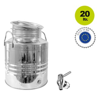 Edelstahlkanne gebördelt / Lagerkanne für Speiseöle 20 Liter mit Standart Kugelhahn 1/2"