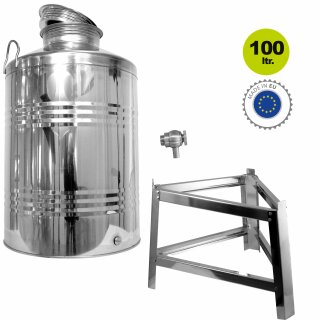 Edelstahlkanne gebördelt / Lagerkanne für Speiseöle 100 Liter mit Fußgestell mit Basic Schraubhahn 1/2"