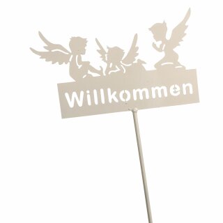 Gartendeko: Gartenstecker / Zaunfigur "Engel Willkommen" mit Erdspieß in Beige, Metall, ca. 98cm groß, 2mm dicker Stahl, original Rottenecker Objekt