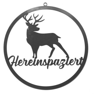 Gartendeko: Aufhänger Hirsch "Hereinspaziert", Willkommen Türschild Metall, Grau lackiert, ca. 30cm groß, 2mm dicker Stahl, original Rottenecker Objekt