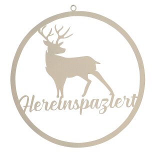 Gartendeko: Aufhänger Hirsch "Hereinspaziert", Willkommen Türschild Metall, Beige lackiert, ca. 30cm groß, 2mm dicker Stahl, original Rottenecker Objekt