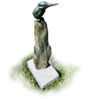 Gartendeko Figur: Bronzefigur Garten,  Eisvogel groß, 13,5 cm, Flügel geschlossen, auf Schiefer-Stein mit eingrabbarem Beton-Standfuß, original Rottenecker Objekt