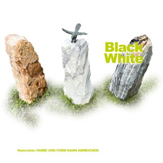 Gartendeko: Bronzefigur Nachtigall auf verschiedenen Steinsäulen, Stele ca. 50 cm hoch, Naturstein black / white