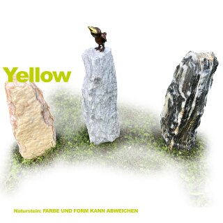 Gartendeko: Bronzefigur "Rabe lustig" auf verschiedenen Steinsäulen, Stele ca. 60 cm hoch, Naturstein Farbe yellow