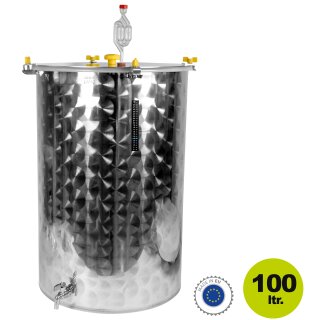 Edelstahl Gärfass für Bier und Most 100 L, offen mit austauschbaren Edelstahldeckel und Silikonring-Dichtung,  inkl. Gärspund und Auslaufhahn, hergestellt in Europa