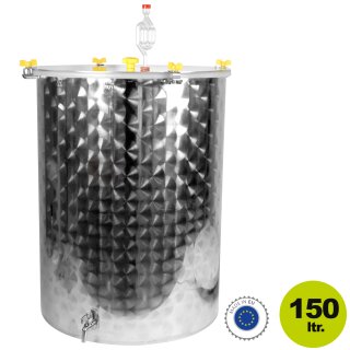 Edelstahl Gärfass für Bier und Most 150 L, offen mit austauschbaren Edelstahldeckel und Silikonring-Dichtung,  inkl. Gärspund und Auslaufhahn, hergestellt in Europa