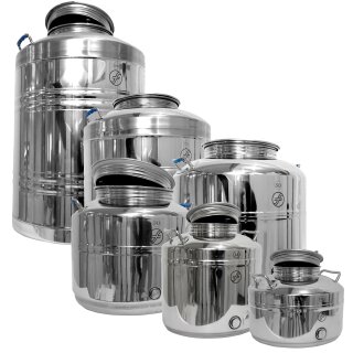 Edelstahlkannen geschweißt:  Fischer Polish-Line Edelstahlkanne in verschiedenen Ausführungen mit Zubehör, von  3L, 10L, 15L, 30L, 50L, 75L bis 100L 5 Liter Edelstahl Kugelhahn 1/2"