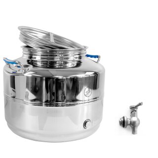 Edelstahlkannen geschweißt:  Fischer Polish-Line Edelstahlkanne in verschiedenen Ausführungen mit Zubehör, von  3L, 10L, 15L, 30L, 50L, 75L bis 100L 25 Liter mit Premium V2A Kugelhahn 1/2"