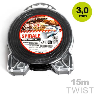 Mähfaden  Tecomec 3.0mm x 15m rund gedreht, round twist Spirale, leiser und vibrationsarmer Trimmer-Faden für Motorsense, milde Allround-Schnittkante auch für Wände und Zäune etc, made in EU