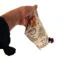 Bag in Box Standbeutel 1,5 Liter für Fruchtsaft,  VITOP Auslauf, natur-braun klassisches Beutelmotiv Design "Happy Juice", matte Oberfläche , dickwandiger Stand-Alone Beutel bzw. Tasche mit Tragegriff,  kann selbstständig vertikal ohne Karton stehen (!)