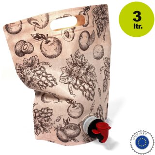 Bag in Box Standbeutel 3 Liter für Fruchtsaft, VITOP Auslauf, natur-braun klassisches Beutelmotiv Design "Happy Juice", matte Oberfläche , dickwandiger Stand-Alone Beutel bzw. Tasche mit Tragegriff, kann selbstständig vertikal ohne Karton stehen (!)