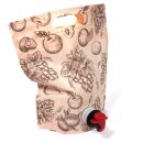 Bag in Box Standbeutel 3 Liter für Fruchtsaft, VITOP Auslauf, natur-braun klassisches Beutelmotiv Design "Happy Juice", matte Oberfläche , dickwandiger Stand-Alone Beutel bzw. Tasche mit Tragegriff, kann selbstständig vertikal ohne Karton stehen (!)