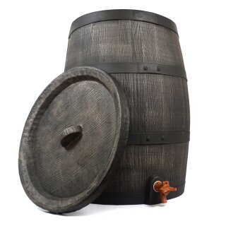 YERD Regenfass Country: Regentonne Wassertank Fass 140 Liter 3/4" Zoll Auslauf mit Messinggewinde, sehr dekorative und realistisches Holzfass-Design, Regenwasser-Speicher aus frostfestem PE-Kunststoff, inkl. Aulaufhahn (Größe "2"), mit Deckel,  made in EU