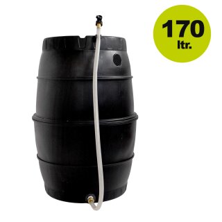 YERD Regentonne / Regenfass, 170 Liter, schwarz, zerlegt – mit kindersicherem Deckel, kompakt, schnell aufgebaut, mit Schlauch, Absperrhahn & Laubschutz, aus frostsicherem Kunststoff