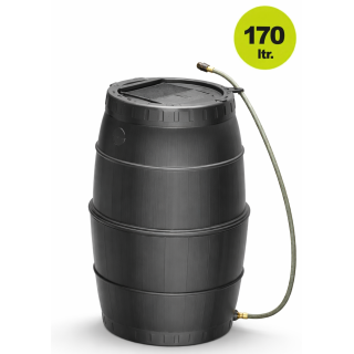 YERD Steck Regentonne / Regenfass, 170 Liter Schwarz zerlegt – mit Kindersicherem Deckel, kompakt, schnell aufgebaut, mit Schlauch, Absperrhahn & Laubschutz, aus frostsicherem Kunststoff