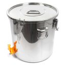 FISCHER-LAHR Honig Edelstahl-Lagerfass / Transport-Behälter / Abfüllkübel 25 Liter (ca. 35 kg Honig),  mit Quetschhahn, Spanndeckel mit Silikondichtung luftdicht verschließbar, V2A Edelstahl AISI 304 hochglanzpoliert