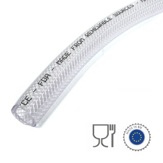 3/4" Zoll (ca. 19mm) Gewebe-Schlauch lebensmittelecht,  auf Bio-Basis (aus erneuerbaren Materialien), Klarschlauch für Trinkwasser und Alkohol bis 50%, CE und FDA konform, individuelle Meterware, Lebensmittelschlauch hergestellt in der EU