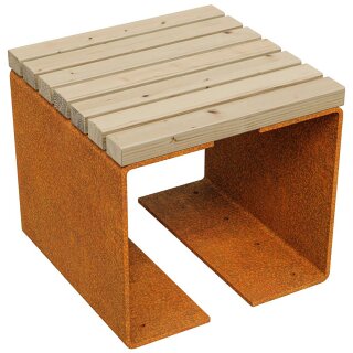 CHAN 1 Corten Bank, Rostiges Design-Objekt aus extra dickwandigen Corten-Stahl, Sitzfläche aus Fichtenholz  doppelt matt lackiert,  City  Sitz-Bank 50x50x46 cm, made in EU (Versand kostenfrei *)