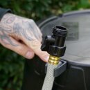 B-Ware YERD Regentonne / Regenfass, 170 Liter, schwarz, zerlegt – mit kindersicherem Deckel, kompakt, schnell aufgebaut, mit Schlauch, Absperrhahn & Laubschutz, aus frostsicherem Kunststoff - Vorführmodell mit leichten Gebrauchsspuren