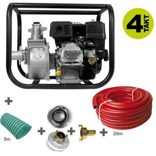 YERD Wasserpumpe GartenSet 2 mit 2-Zoll Anschluss (!)  Set: Benzin Wasserpumpe YERD TKB50 5,5 PS 4-Takt OHV Motor, selbstansaugend mit 5m Ansaugschlauch 2" Zoll + 20m Gartenschlauch 1" Zoll + Adapter auf System GEKA