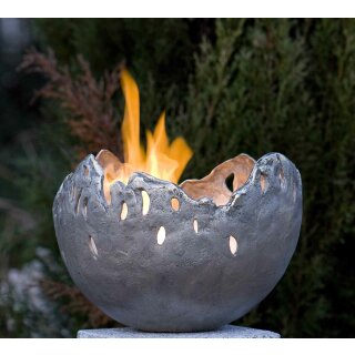 Bronze Feuerschale / Gartenfackel silber patiniert, Ø 33 cm, inkl. Brennkammer für Bio-Ethanol (rauchfrei) / by YERD