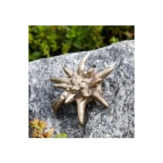 Details:   Edelweiß klein, silber patiniert  5x6 cm (ohne Stein) / Bronze, Figur, Garten 