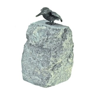 Gartendeko Figur: Bronzefigur Garten, Eisvogel, Flügel offen auf Granit, Vogel auf Stein ca. 28 cm hoch, original Rottenecker Objekt   (Restposten)