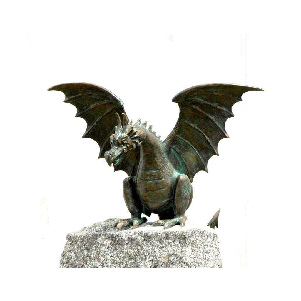 Gartendeko: Bronzefigur Drachenvogel Terrador auf Granitfindling, Wasserspeier/Brunnen, ca. 50 cm hoch 	 
		 (Bronzefigur, Drachen, Wasserspeier)  
	